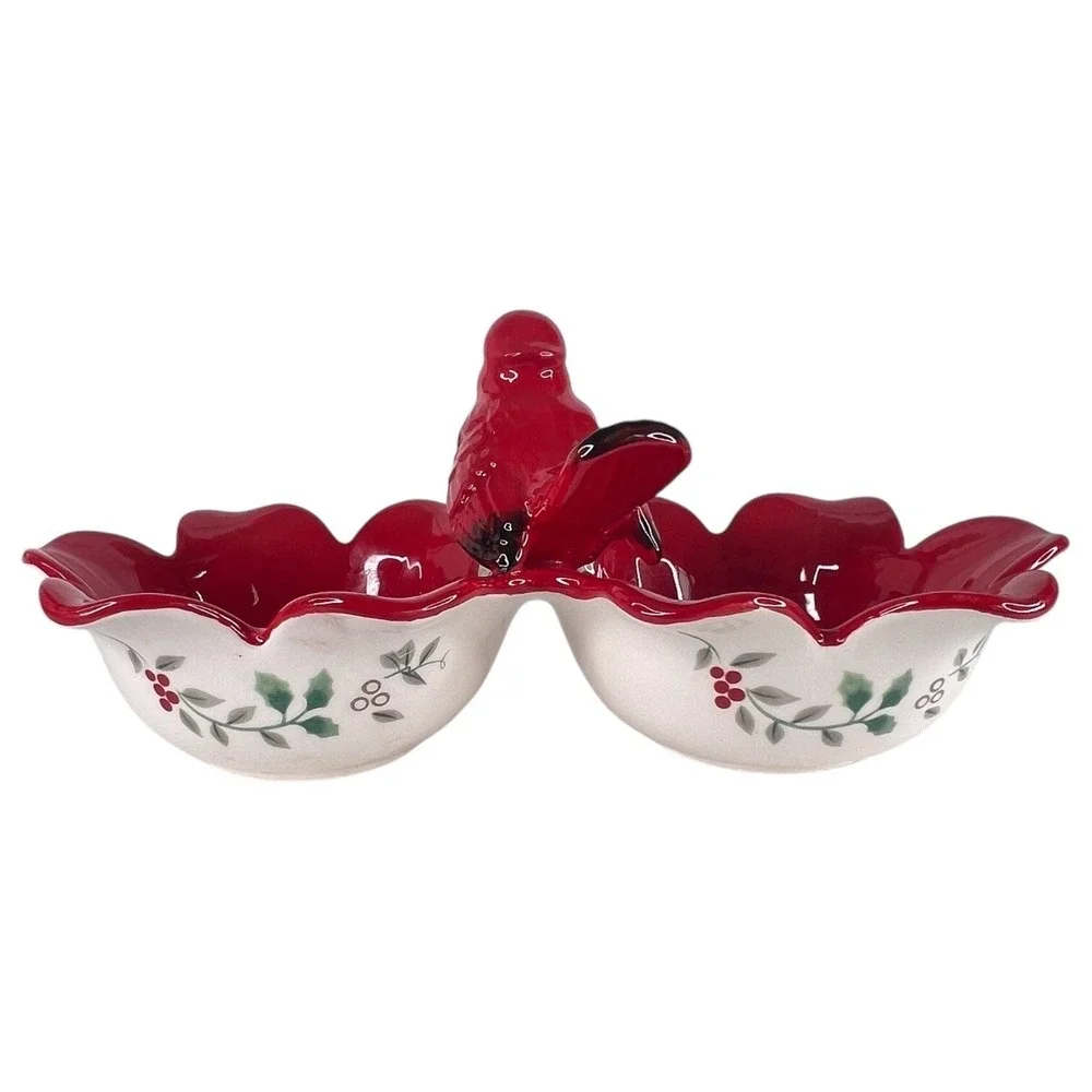 Pfaltzgraff‎ Winterberry 2 Section Cardinal Server Bowl Snack Candy Dish Xmas